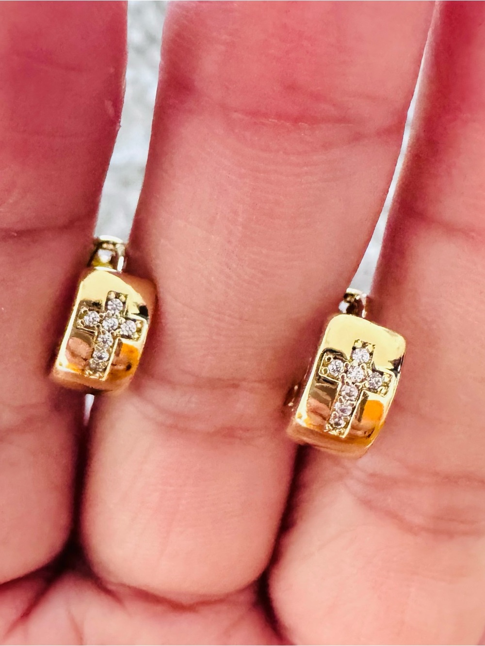 18K Gold Plated small Cross Accent Hoop Earrings. New